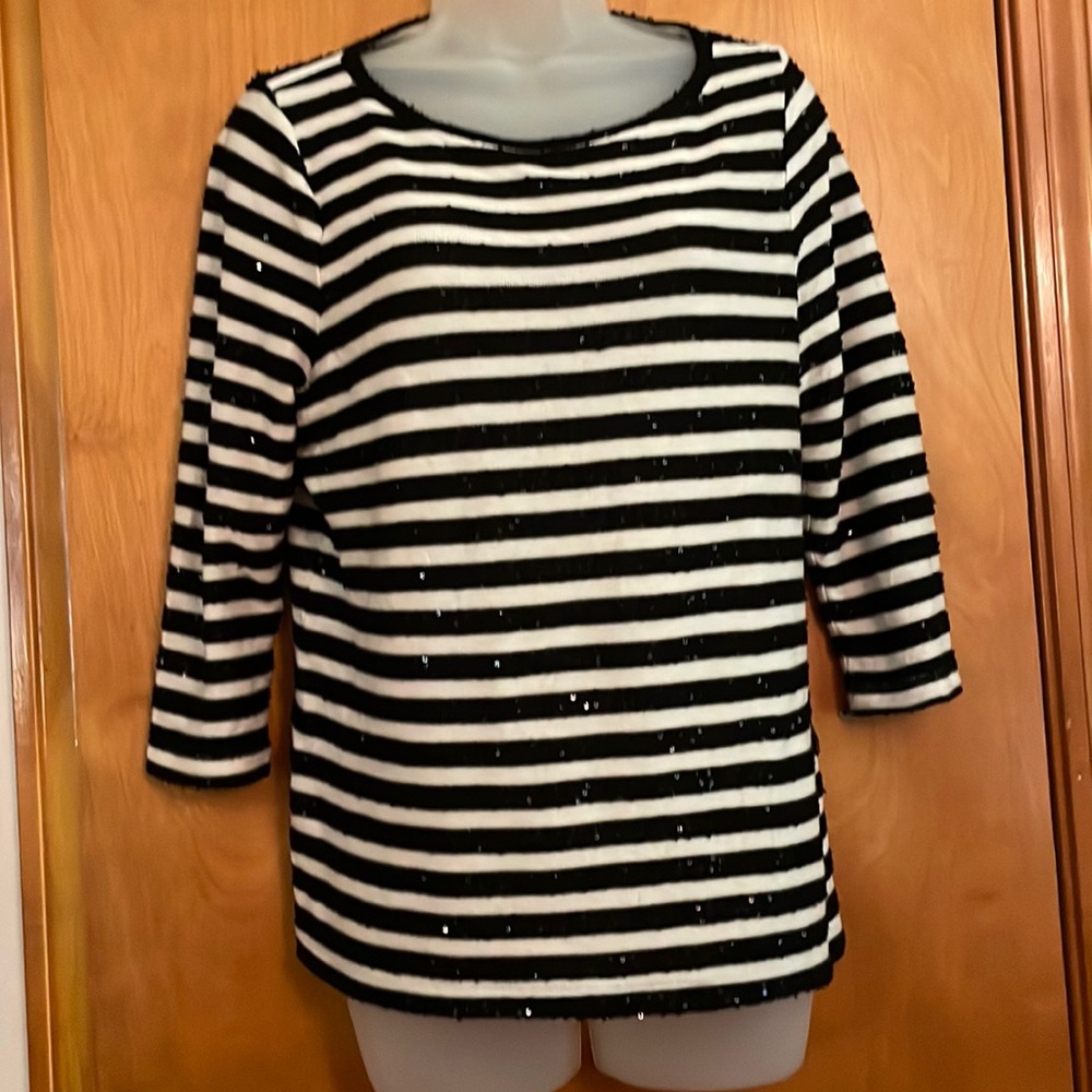 Lightweight black and white striped sweater with tiny sparkles